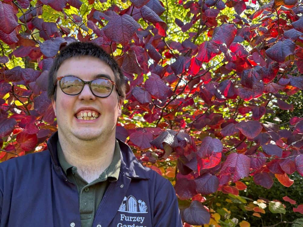 Harrison Volunteer Assistant gardener Young man with learning disabilities who is an assistant gardener at Furzey Gardens. Stood in front of a red leaved bush