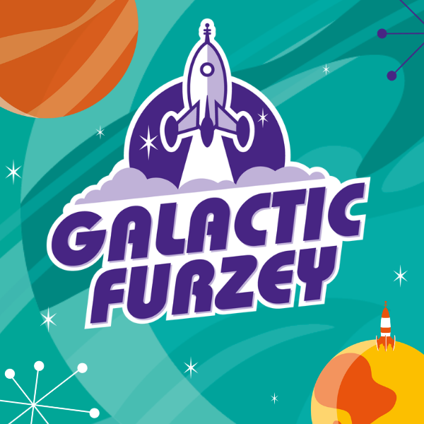Purple Galactic Furzey logo with a rocket on teal background surrounded by planets 